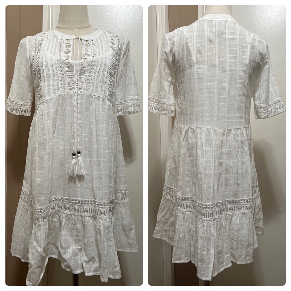 Knox Rose Dress XS White Tassel Tie Eyelet Lace A-Line Boho Cottagecore Lined.